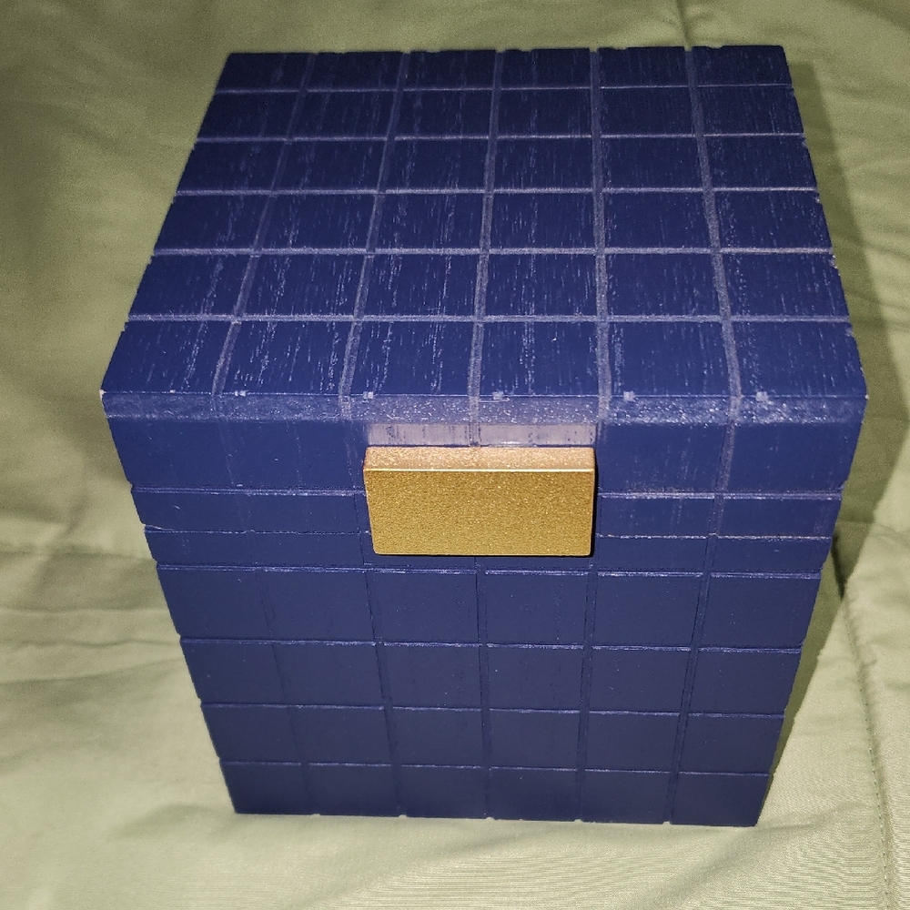 Elegant Navy Storage Cube with Gold Handle and Hinges
